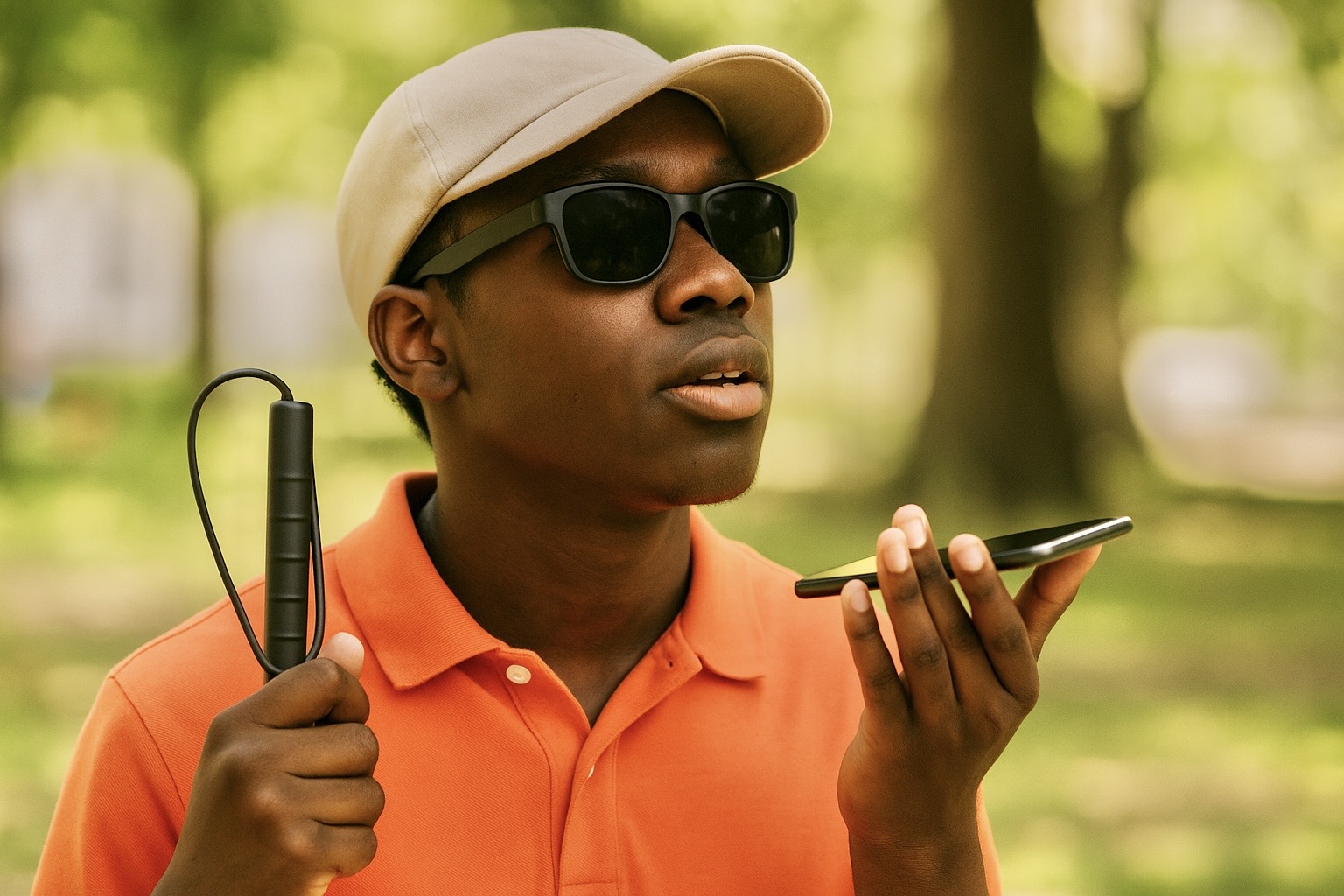 A blind teen holding a smartphone in one hand, using it for navigation, while holding a white cane with his right hand. 
      He is wearing an orange buttonless collar shirt and a milk-colored cap with dark sunglasses.